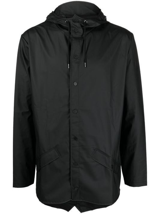 drawstring-hooded buttoned rain jacket