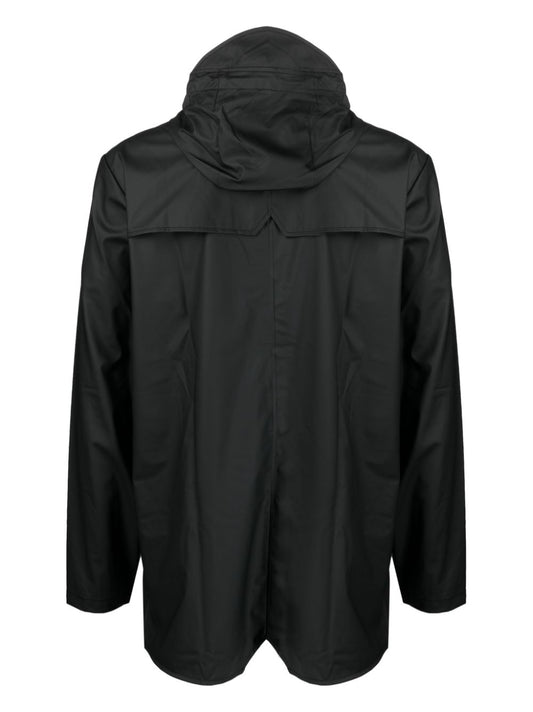 drawstring-hooded buttoned rain jacket
