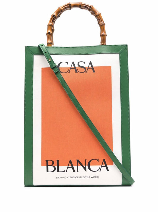 logo-print bamboo-handle tote bag