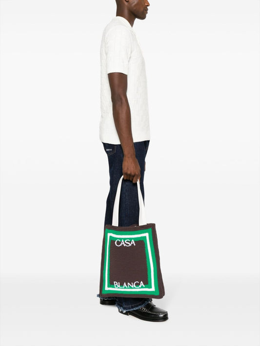 logo-embroidered crochet tote bag