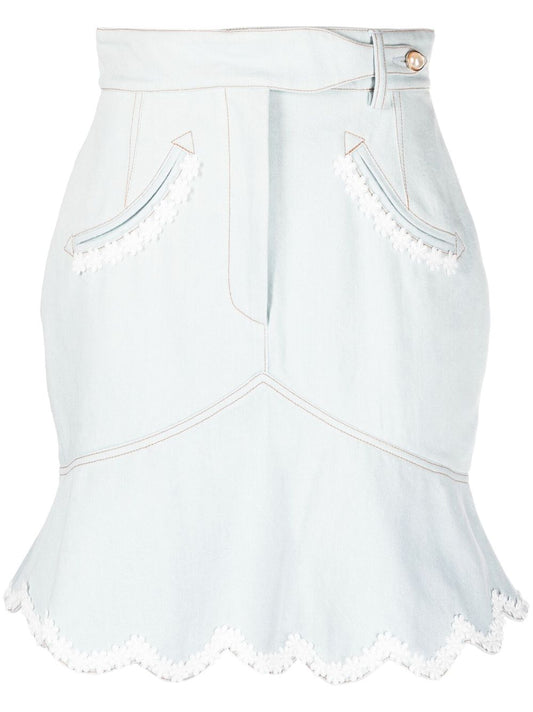 floral-embroidered denim peplum skirt