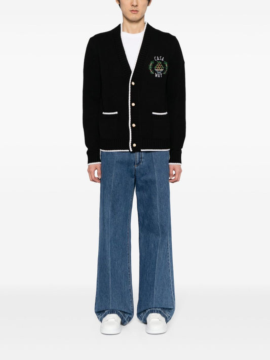 logo-embroidered merino wool cardigan